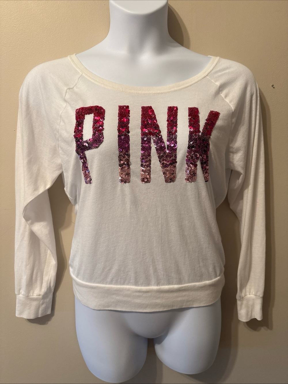 Victoria's Secret PINK | Women's Long Sleeve White Pink Sequin Top Y2K Small